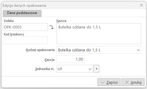 Edycja danych opakowania